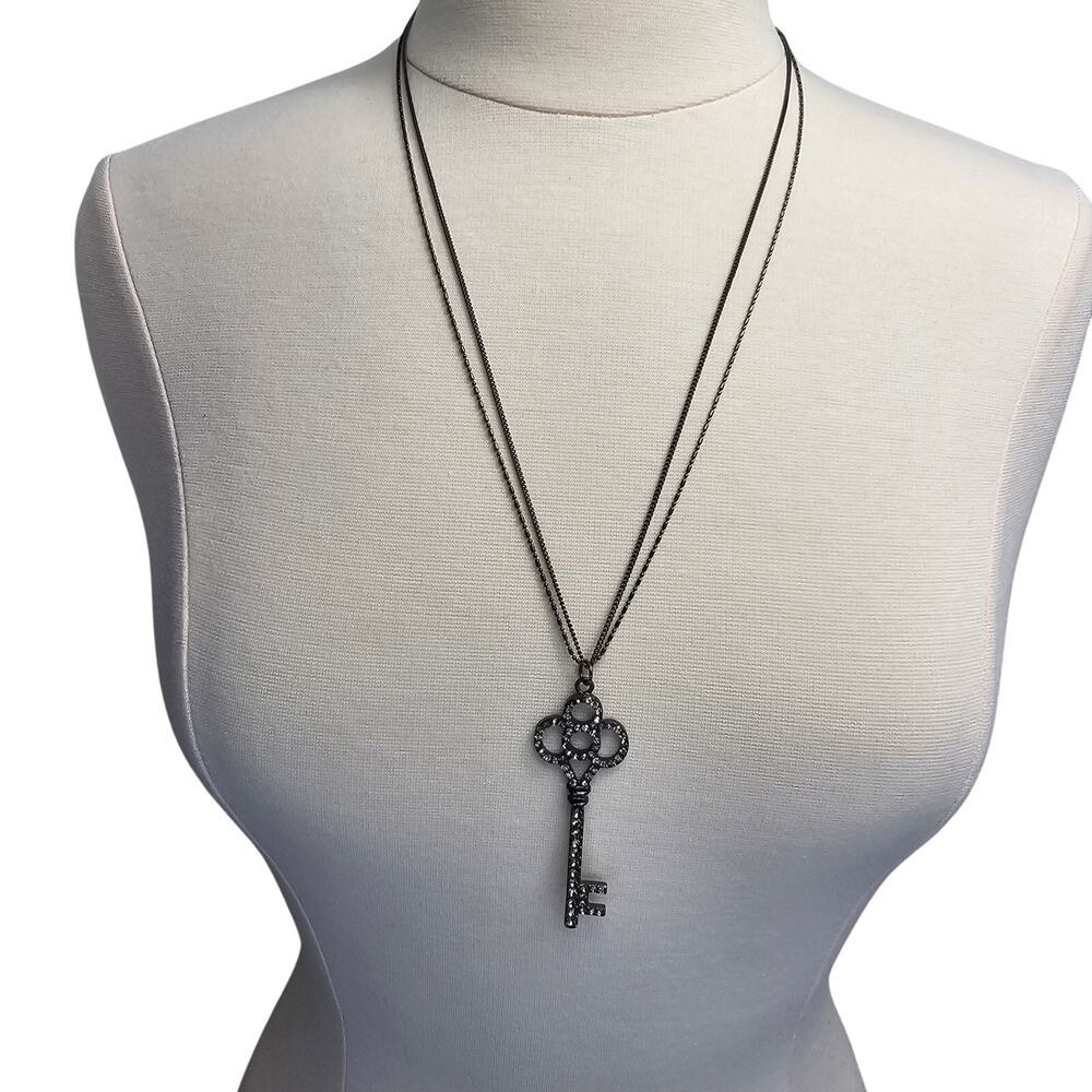 Key Necklace Pendant Double Gunmetal Chain Rhinestones Long Realtor Jewelry